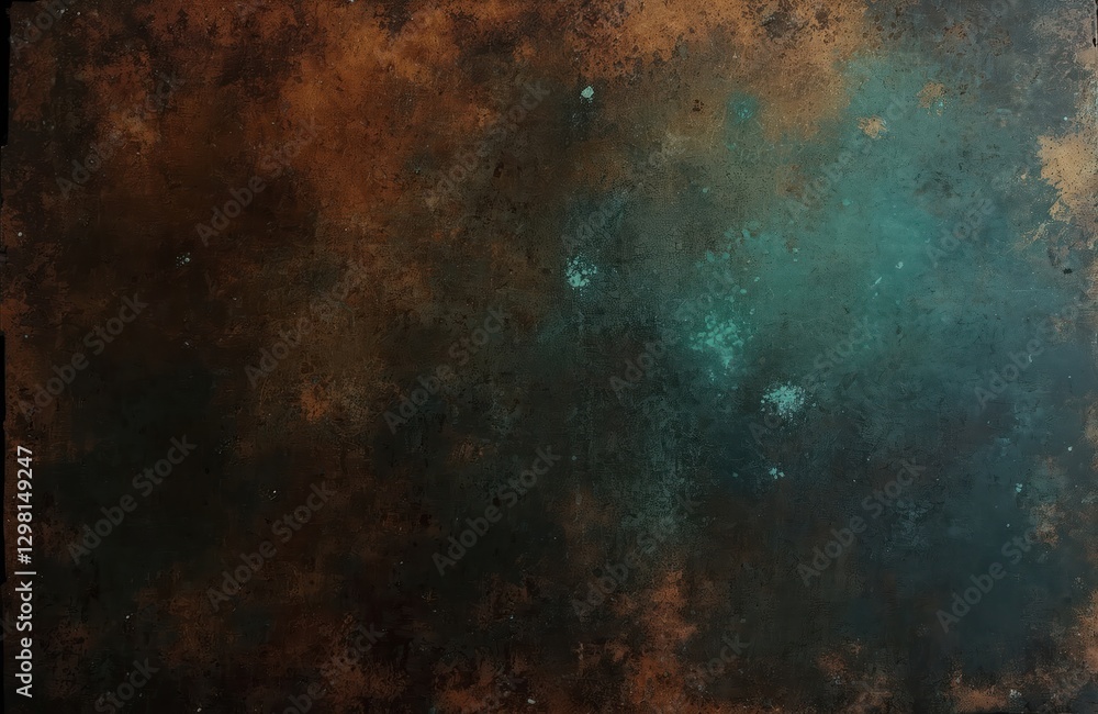 Poster grunge texture background in dark colors. surface with dark rusty brown spots and turquoise stains. 