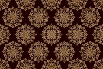 Elegant Ornamental Damask Pattern with Floral Motifs on Brown Background .Vector Illustration for Elegant Textile design for wrapping,dress, silk, scarf, background, textile, carpet.