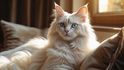 Fluffy Maine Coon cat lounging on a sofa