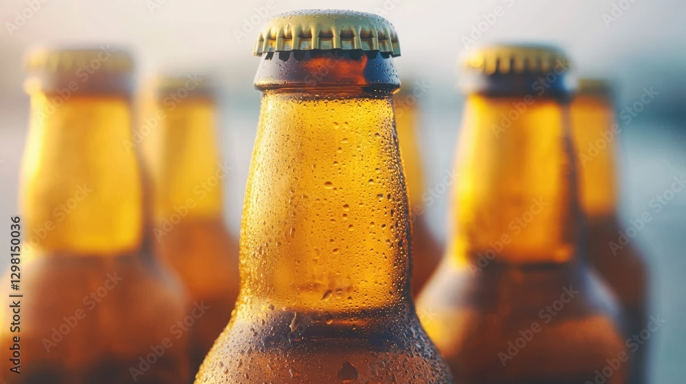 Poster a close up shot of chilled beer bottles with beads of condensation against a vibrant tropical beach 