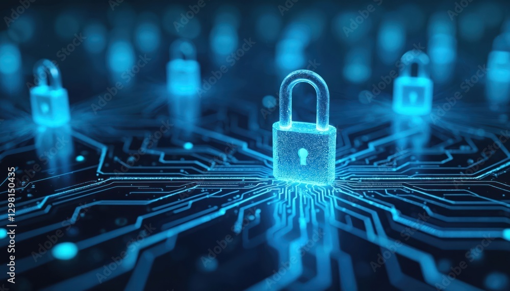 Poster Endpoint security protects digital networks from threats, data breaches, unauthorized access. Lock icon on circuit board network system integrity. Advanced cyber defense strategy ensures information