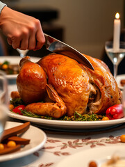 Closeup of a roasted turkey being carved at a Thanksgiving table.