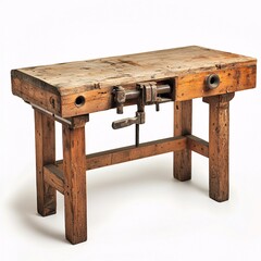 Rustic Old Wooden Workbench with Clamps and Weathered Surface