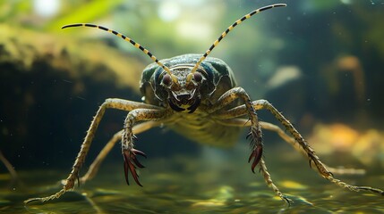Fototapeta premium Fearsome Giant Water Bug submerged in a clear pond its paddle like legs perfectly adapted for swimming razor sharp beak poised to inject venom into unsuspecting prey