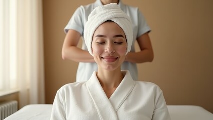 Head Spa. Young woman with white towel and robe receiving relaxing mas
