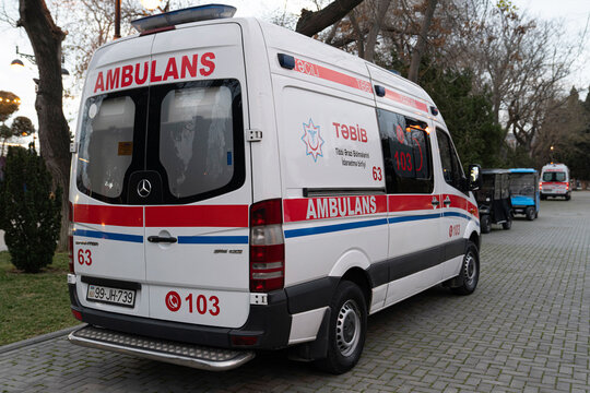 Baku, Azerbaijan - January 03 2022-   Ambulance car parked in the city and ready to help.
