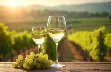 Two glasses with white wine served with grapes on wooden table at vinery yard in sunny day. Winemaking concept. Tasting tour at vineyard. Alcoholic beverage.