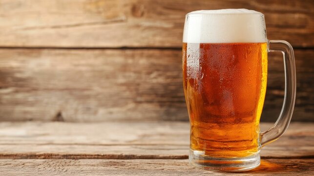 A minimalist shot of a beer glass resting on a rustic wooden table bathed in soft natural light creating a cozy and inviting atmosphere This image has a refined elegant and aesthetic appeal