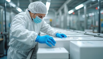 Worker in pharmaceutical facility wearing protective gear, placing sealed boxes onto conveyer belt for distribution. Man works at medicine production line. Part of pharma supply chain ensures quality