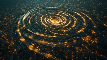 Aerial View of a Futuristic City with Illuminated Spiral Patterns