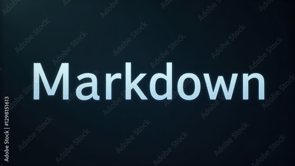 Poster markdown. markdown text glowing blue letters on dark background, technology concept for programming,
