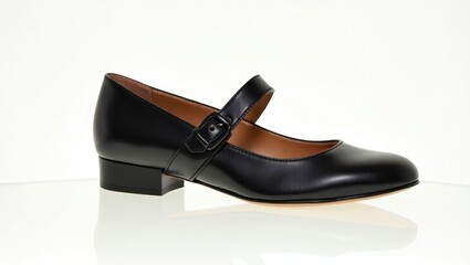 Mary Jane Flats. Black leather Mary Jane shoe with buckle strap, classic women's footwear, elegant design for office, casual wear, or formal events, isolated white background, minimalistic and stylis