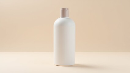 Hypoallergenic Shampoo. White plastic bottle minimalistic beige backgr