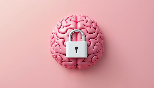 Pink brain with white padlock on pink background mental health protection, brain activity confinement, secure memory. Represents locked mind, locked consciousness, data encryption. Mental health