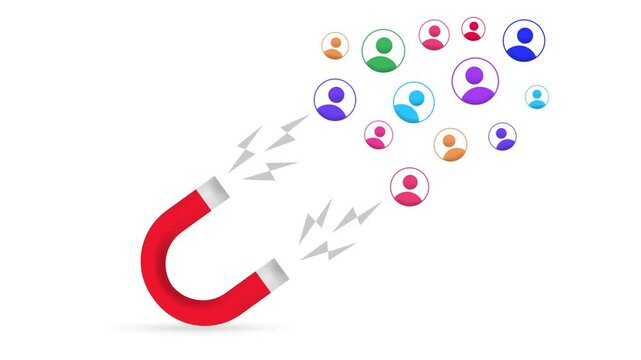 Magnet showing catching customers and leads on the white and green screen, 4k animation. Business, leads, conversions, roi, CTR, CPC, marketing