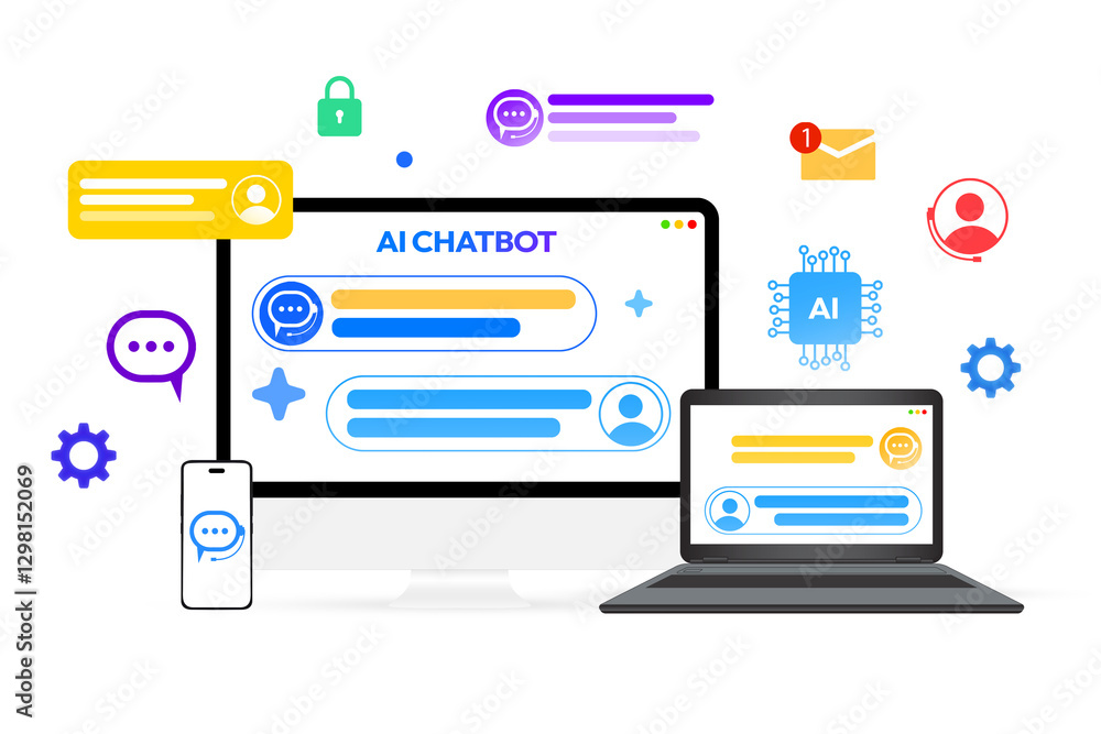 Poster modern artificial intelligence chatbot on the multiple tech devices with colorful infographics float