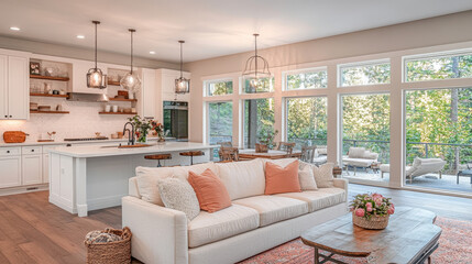 Modern Living Room: A spacious and light-filled living room with a seamless connection to the outdoors, featuring a stylish sofa, elegant kitchen.
