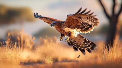 Brown Hawk in Flight Over Golden Grassland at Sunset