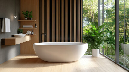 Fototapeta premium Serene Spa Bathroom with Nature View: Modern, spa-like bathroom with a minimalist design, featuring a large, elegant bathtub, natural wood accents.