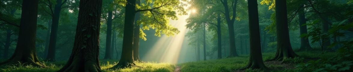 Fototapeta premium Dense forest of towering trees with a hidden rainbow glowing through the foliage, canopy, rainbow