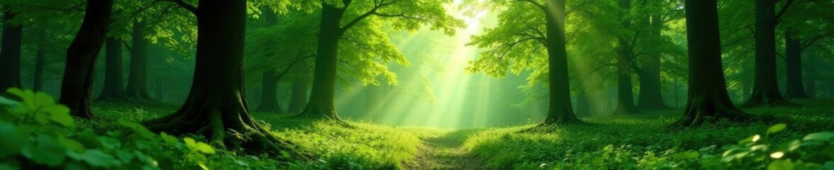 Fototapeta premium dense green forest with scattered sunlight filter, buffer zone, nature, trees