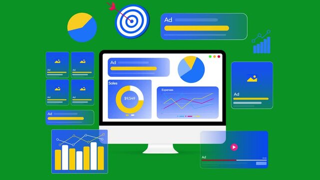 Modern digital advertising concept design with floating ads and analytics around the screen, 4k. Green screen advertising concept, marketing, roi, dashboard, campaigns