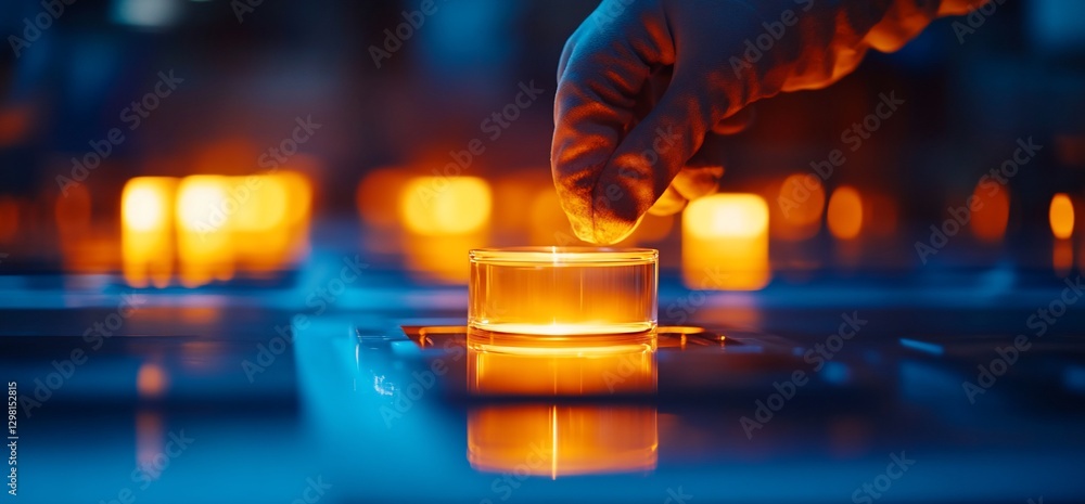 Aufkleber scientist adding sample to lab glassware; illuminated background