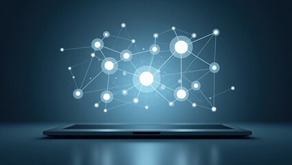 Knowledge Graph. Laptop is on table with lot of connected dots