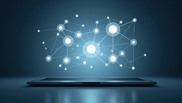 Knowledge Graph. Laptop is on table with lot of connected dots - Powered by Adobe