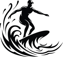 Person surfer riding a wave isolated vector art, Person surfer riding a wave silhouette and line art vector illustration