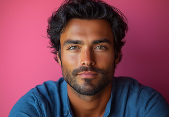Obraz premium Ultra-Realistic Portrait of a Handsome Man in Blue Shirt – Studio Photography with Pink Background, High Detail, Professional Lighting, Perfect for Branding and Marketing Designs