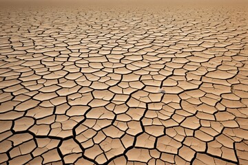 a close up of a dry cracked desert with a single tree in the distance