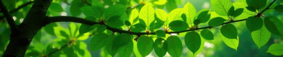 Densely packed green leaves on a large tree branch, nature, trees, verdant