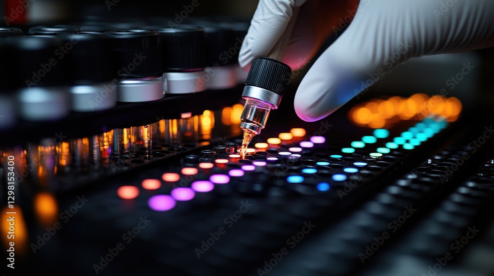 Poster gloved hand using pipette to add liquid to illuminated test tubes in a scientific lab. a close-up sh