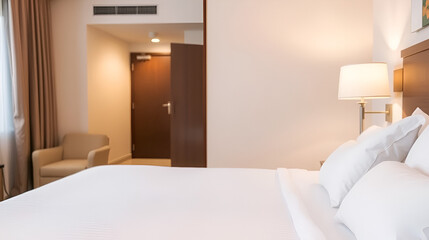 Fototapeta premium A hotel room features a well-made bed with crisp linens and soft lighting, evoking feelings of comfort, cleanliness, and welcoming hospitality in a serene setting.