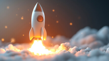 A minimalistic cute rocket launches upwards against a white background, symbolizing hope, ambition, and new beginnings, with a bright light tone and a blurred empty space that enhances the sense of po