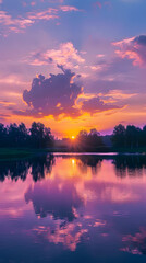 Fototapeta premium Serene Sunset Over a Tranquil Lake with Silhouetted Trees and Reflected Sky Colors