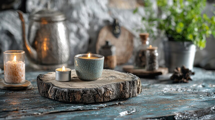 Rustic wooden stump with tea lights and earthy decor in cozy setting