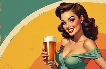 Vintage banner shows lady holding beer pint, smiling at camera. Retro nostalgic classic advertisement, marketing banner with cheerful attractive pin-up woman. Beer brew beverage drink alcohol