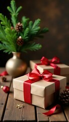 Gift boxes on a wooden table with a vase of evergreen branches and pinecones, cozy, christmas decorations