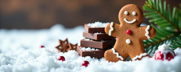 Fototapeta premium Gingerbread and chocolate pieces on a snowy background, chocolate, winter