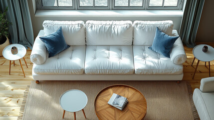 Serene Living Room: An inviting living space featuring a comfortable white sofa, stylish coffee tables, and natural light streaming through a window, creating a cozy and relaxing atmosphere.