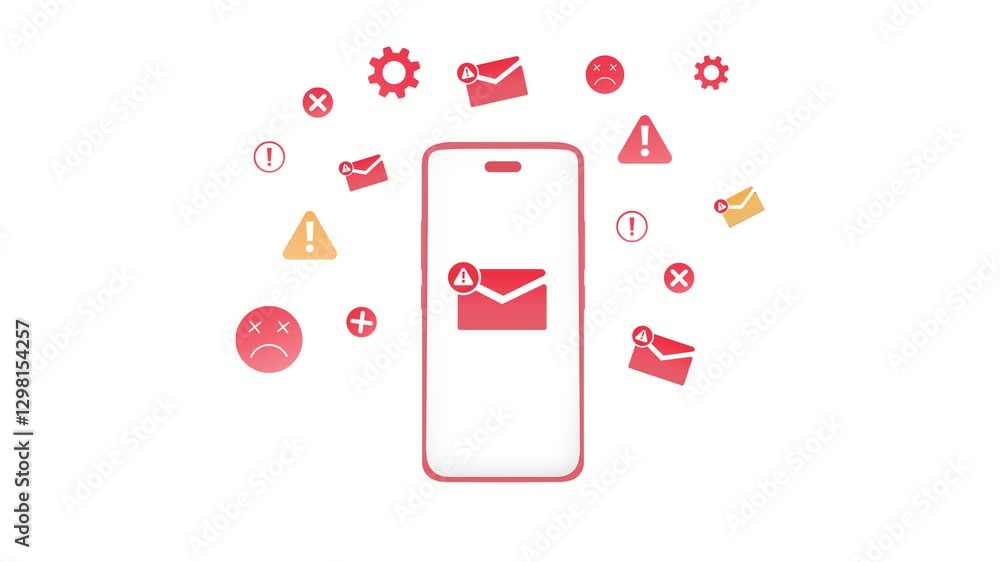 Poster red floating errors and virus around the smartphone on white backdrop, 4k animation. threats, hackin