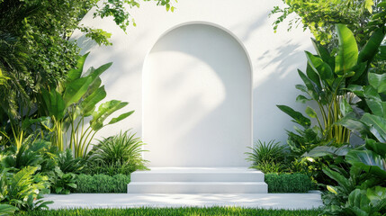 Tranquil Garden Archway: A serene garden scene featuring a pristine archway embraced by lush greenery and a staircase, creating a minimalist aesthetic.