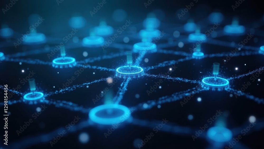 Poster mesh networking. blue circles are connected by line of dots