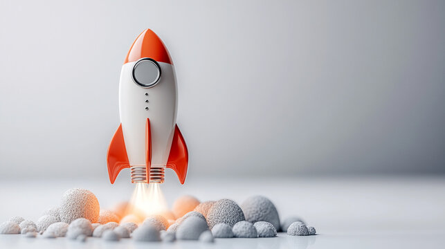 A minimalistic cute rocket launches upwards against a white background, symbolizing hope, ambition, and new beginnings, with a bright light tone and a blurred empty space that enhances the sense of po