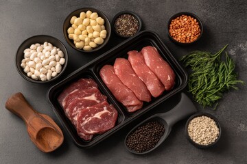 Fresh Raw Meat and Assorted Ingredients for Culinary Preparation