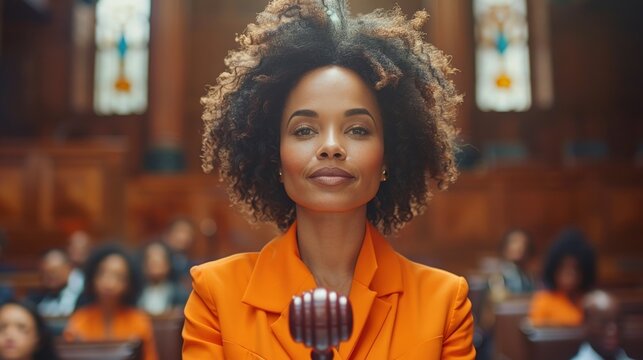 Confident woman speaks at city hall, audience blurred