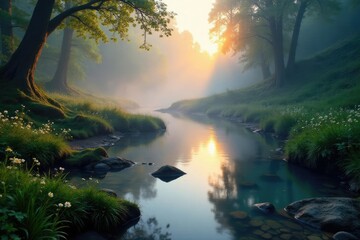 Misty dawn surrounds Fairy Pools with serene water, nature, serenity