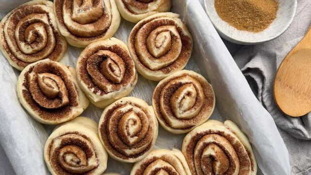 Cinnamon rolls rising, baking preparation